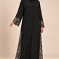 Abaya Arabesque — Noir & Argent — vue portée de face, broderies et manches visibles