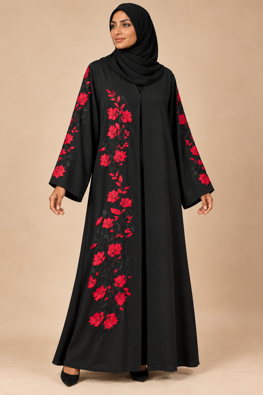 Abaya Coquelicot — Noir & Rouge — vue portée de face, broderies et manches visibles