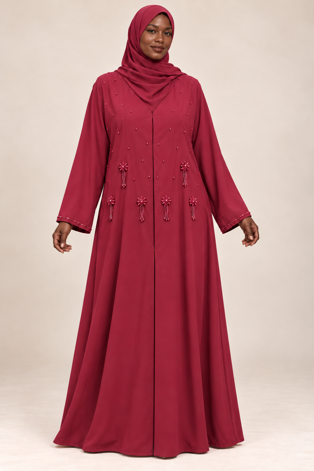 Abaya Soleil — Bordeaux — vue portée de face, broderies et manches visibles